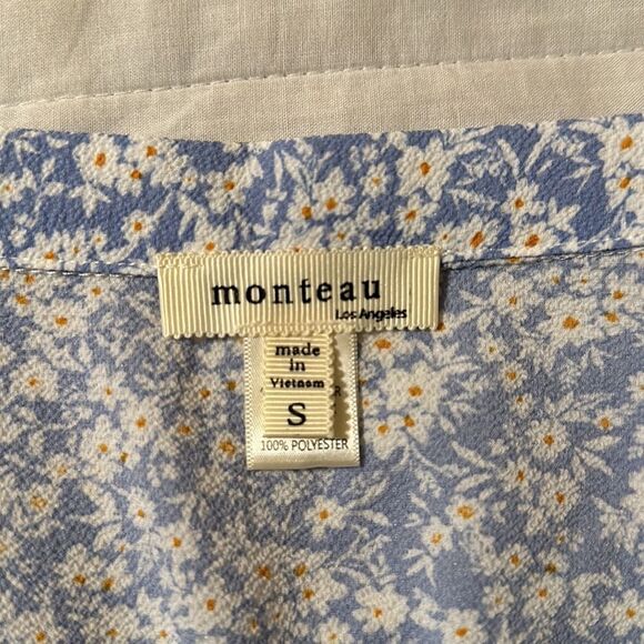 monteau S Blue White Gold Ditsy Floral Flutter Short Sleeve Tiered Midi Dress - Picture 10 of 12